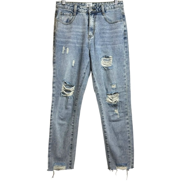 Princess Polly High Rise Tapered Leg Distressed Ripped Rigid 100% Cotton Jeans 2 - Picture 1 of 16